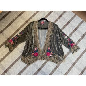 Johnny Was Velvet Bolero Jacket Shrug Green Small Embroidered Floral